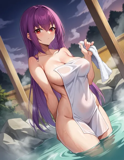 score_9, score_8_up, score_7_up, source_anime,
skadicaster, <lora:skadi-caster-ponyxl-lora-nochekaiser:1>
skadi, long hair, purple hair, red eyes,
nude, naked, 
outdoors, onsen, towel, naked towel, steam, bathing, nude cover, partially submerged, water, ba...