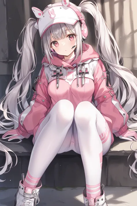 best quality, masterpiecepanties,
 <lora:alice-nikke-richy-v1_pdxl:1> alicedef, twintails, very long hair, grey hair, fake animal ears, headset, pink eyes, pink bodysuit, shrug (clothing), multicolored gloves, latex || alicebunny, twintails, very long hair...