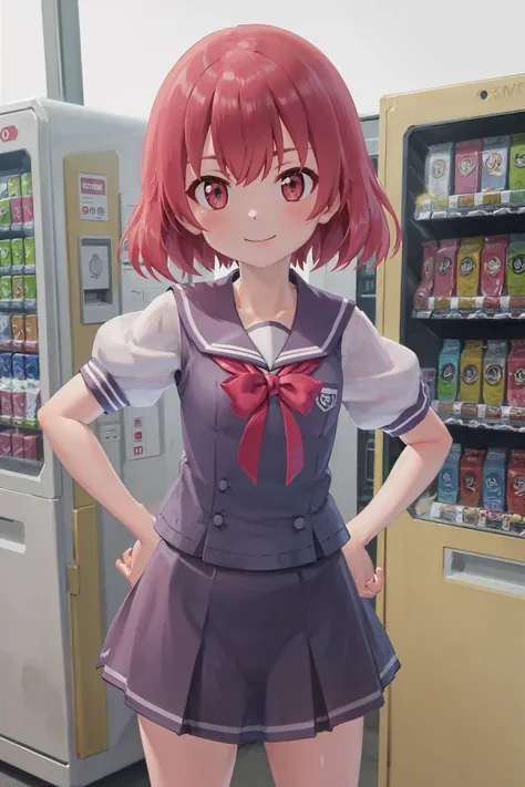 absurdres, high detail, uhd, school, cafeteria, vending machine, 
standing, pointing at viewer, smile, hand on hip, 
solo, kurona, schoolcos, sailor collar, blue vest, white shirt, puffy short sleeves, flat chest, red bowtie, pleated skirt, purple skirt, w...