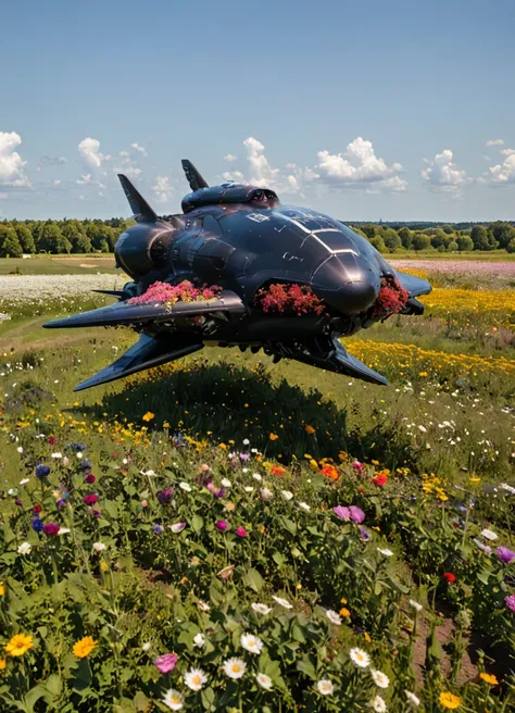 A large black spaceship floating over a field of flowers