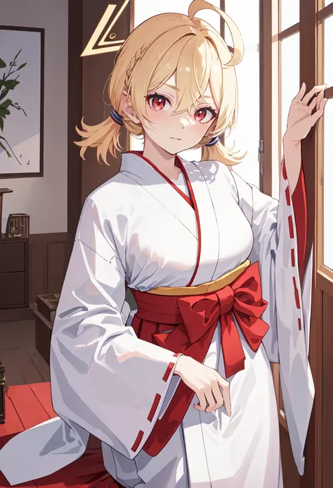 best quality, masterpiece, highres, solo, (kotori_bluearchive:1.10), (white kimono:1.35), (red hakama:1.35), (wide sleeves:1.20), 18 <lora:kotori_bluearchive:0.80>