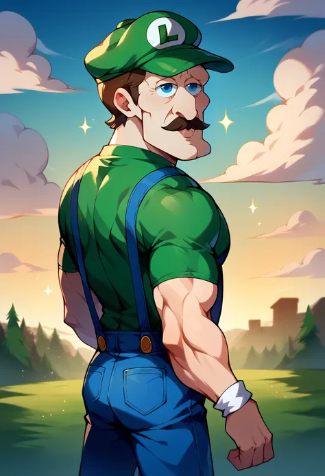 score_9, score_8_up, score_7_up, BREAK <lora:handsomize_x_pdxl_v1:1.2> handsomize, outdoors, sparkle, luigi, brown hair, blue eyes, green hat, mustache, green shirt, blue suspenders, nintendo, muscular