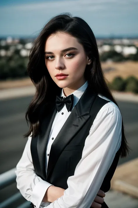 photo of beautiful (Ch4rl0tt3L4wr3nc3_HM-135:0.99), a woman, perfect hair, serious look, (modern photo), wearing tuxedo, portrait, 85mm, (analog, cinematic, film grain:1.3), (__advancedWildcardsScienceFictionKit_v10/advanced-science-fiction-locations__), d...