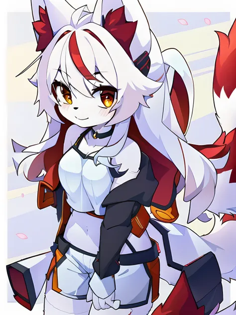 <lora:knia-000007:1>,  <lora:GoodHands-beta2:1>, 1girl, animal ears, furry, tail, white hair, white fur, fox ears, furry female, fox girl, solo, fox tail, red hair, long hair, smile, red eyes, yellow eyes, shorts, upper body