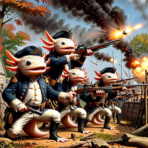 <lora:Axomodel XL:1> 4xolotl, axtolotl dressed as american revolution soldiers, firing muskets, lexington and concrod