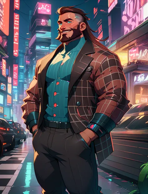 score_9, score_8_up, score_7_up, man in checkered suit, long beard, smile, hands in pockets, cyberpunk scenery <lora:BanashiPony:1>