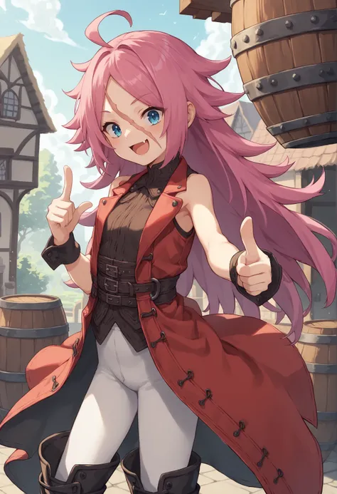 pink hair, long hair, blue eyes, messy hair, scar on face, red coat, corset, bare shoulders, bare arms, wrist cuffs, white pants, boots, standing on a barrel, pointing at viewee, smile, open mouth, fang, ahoge, outdoors, small breasts, age age regression, ...