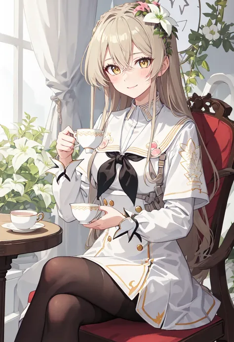 best quality, masterpiece, highres, solo, (nagisa_bluearchive:1.10), 1girl, black neckerchief, holding cup, long sleeves, looking at viewer, sailor collar, smile, teacup, white dress, white flower, black pantyhose, blush, closed mouth, holding saucer, sitt...