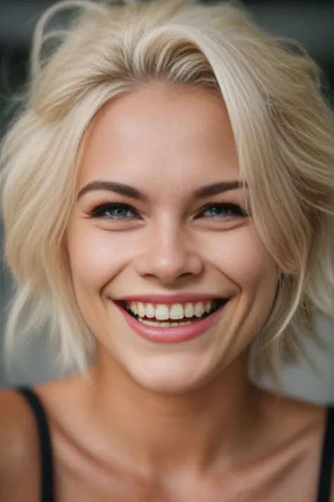 gritty raw photo of portrait photo of a 25 year old platinum blonde instagram model laughing, hyperrealism, 8K UHD, realistic skin texture, flawed skin, shot with Canon EOS 5D Mark IV, highly detailed, masterpiece