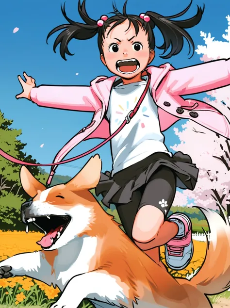 masterpiece, best quality, <lora:comiclo-xl-a3.1:1>,1girl, dog, leash, running, twintails, black hair, outstretched arms, skirt, spread arms, solo, cherry blossoms, bike shorts, black eyes, open mouth, jumping, outdoors, petals, hair bobbles, day, flower, ...