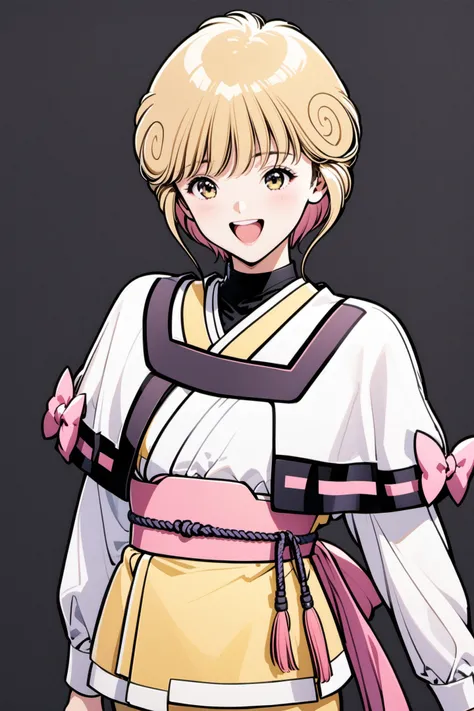 Ai Amano,1girl,solo,short hair,blonde hair,smile,open mouth,brown eyes,yellow short kimono white pantyhose white capelet pink obi pink bow,simple background,upper body,black background,<lora:Katsura Masakazu_XL_V2-000010:0.9>,