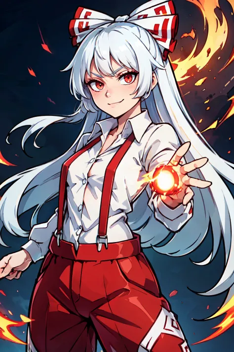 ((masterpiece,best quality)), absurdres, <lora:Fujiwara_no_Mokou:0.8>,  <lora:Aura_v1:0.3>, Aura, energy, glowing,swirling energy, dynamic pose,  fujiwara no mokou, white hair, red eyes, hime cut, very long hair, red baggy pants, bow, buttons, collared shi...