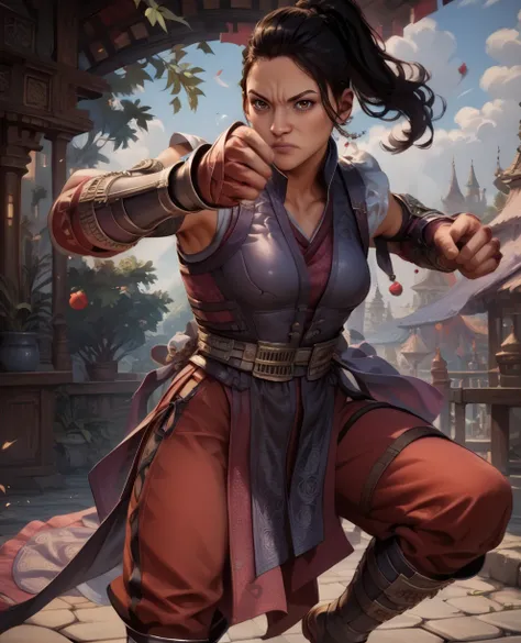 score_9,score_8_up,score_7_up,score_6_up,
limeixl,black hair,brown eyes,ponytail,dress,pelvic curtain,
vest,detached sleeves,red pants,purple gauntlets,clenched hand,
looking at viewer,fighting stance,
fantasy,marketplace,<lora:LiMeiMK1:1>,solo,