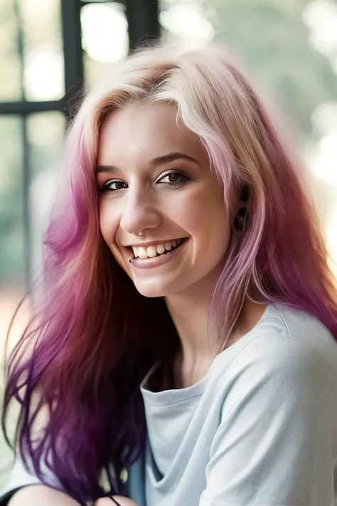 <lora:Prox7P4ige:1>, full color portrait of a young woman, smile, different color hair, (wearing a shirt:1.4), septum piercing, natural light, epic character composition,by Janice Sung, alessio albi, Diego Fernandez, Alexis Franklin, Daniela Uhlig, Jana Sc...