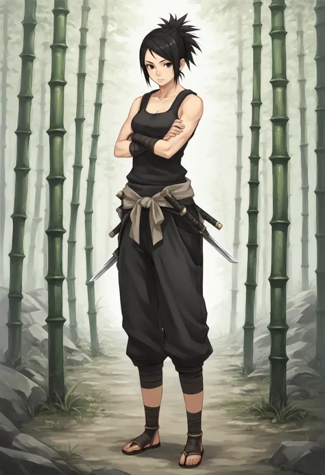 1girl, solo, medium hair, black hair, black eyes, ponytail, ayame1, ninja, japanese clothes, tank top, pants, (grauntlets), gladiator sandals, (breastplate), outdoors, bamboo forest, crossed arms, standing, full body, cowboy shot <lora:Ayame_Tenchu:1>, sco...