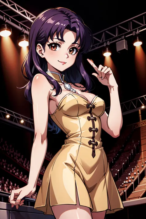 masterpiece, best quality, 1girl, solo, looking at viewer, <lora:EPngeKatsuragiMisato-08:0.75>, EPngeKatsuragiMisato , purple hair, brown eyes, long hair, naughty smile, detailed background, cowboy shot, indoors, concert, stage, stage lights, woman wearing...