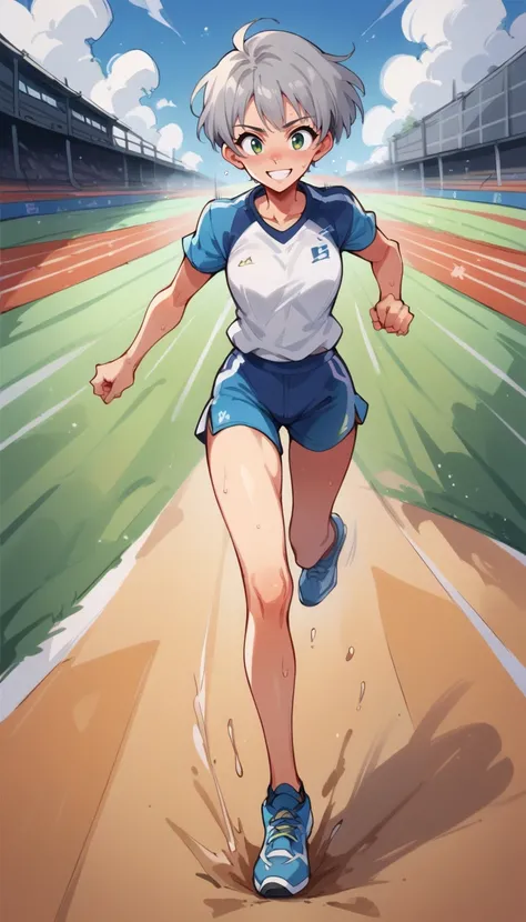 score_9, score_8_up, score_7_up, score_6_up, score_5_up, source_anime,  1girl, solo, grey  hair, short hair, green eyes, running, dash, smile, sweating, adult, race track, motion lines, sounds, <lora:BrushlineStyleV1_PonyXL:0.9>