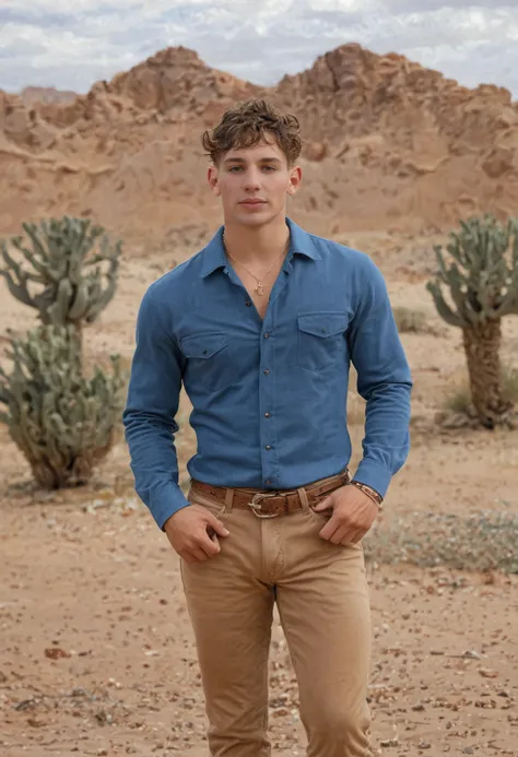 typerson, smirk, muscular, curly hair, <lora:ty_xl_epoch_9:1>, dynamic pose, cowboy outfit, denim shirt, necklace, outdoors, Utah desert, cacti, sand dunes,