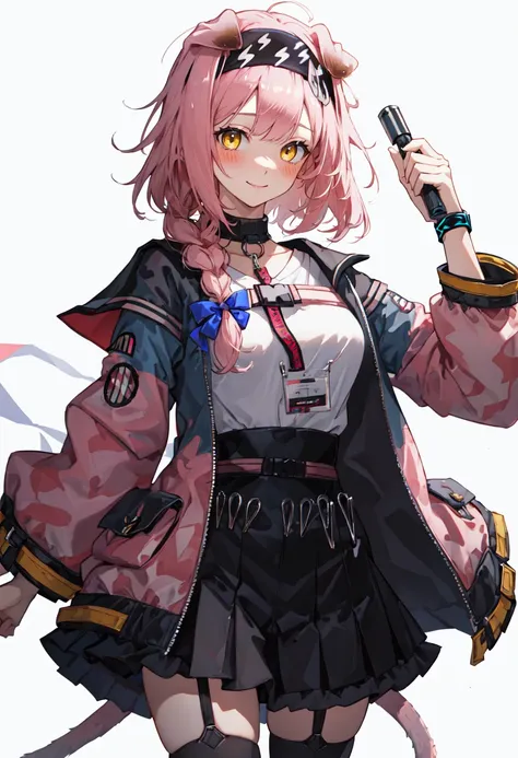 best quality, masterpiece, highres, solo, (goldenglow_arknights:1.10), 1girl, black skirt, closed mouth, lightning bolt print, long sleeves, looking at viewer, open jacket, white shirt, blush, simple background, holding staff, id card, infection monitor (a...