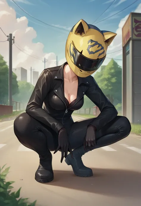 score_9, score_8_up, score_7_up, source_anime, solo, 1girl, celty sturluson, squatting, motorcycle helmet, animal ears, biker clothes, black bodysuit, black gloves, cleavage, outdoors <lora:durarara_sturluson_ponyXL:1>