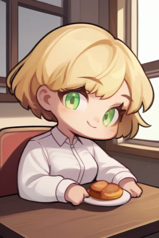 score_9, score_8, 1girl, blond hair, short hair, green eyes, smile, white shirt, collared shirt, looking at viewer, straight-on, upper body, window, sitting, table, indoors, restaurant, food on table, <lora:GTChibiXL640V1:0.7>, chibi