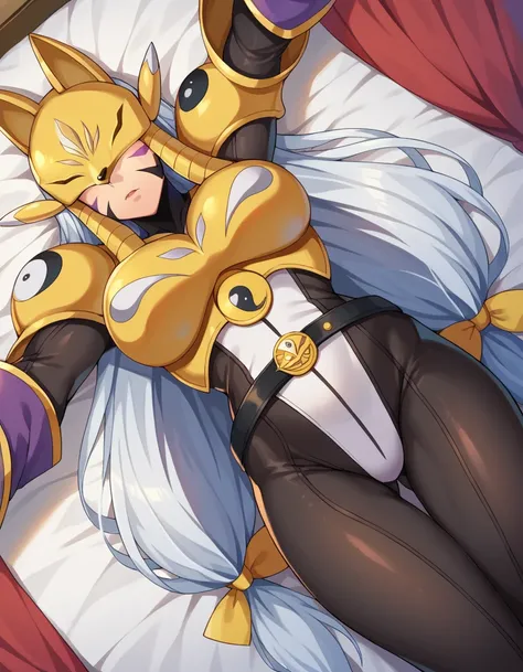 score_9, score_8_up, score_7_up, source_anime,
sakuyamon, <lora:digimon-sakura-ponyxl-lora-nochekaiser:1>
sakuyamon, animal ears, fox, fox ears, long hair, white hair, facial mark, fox mask, mask, covered eyes,
armor, belt, bodysuit, gauntlets, golden armo...