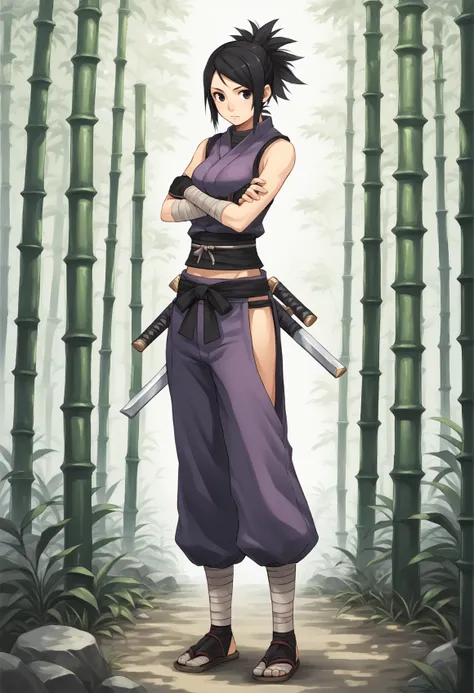 1girl, solo, medium hair, black hair, black eyes, ponytail, ayame3, ninja, japanese clothes, bare shoulders, fingerless gloves, pants, hip vent, legwear bandages, tabi, sandals, purple clothes, outdoors, bamboo forest, crossed arms, standing, full body, co...