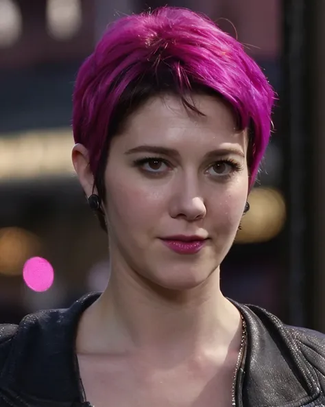 a picture of (ohwx woman:1.1), pink short bob hair,realistic, photorealistic, detailed skin, surface scattering, bokeh, skin pores,  city streets,wearing a jacket,outdoors, <lora:maryElizabeth15:1>looking at viewer,detailed face,subtle smile