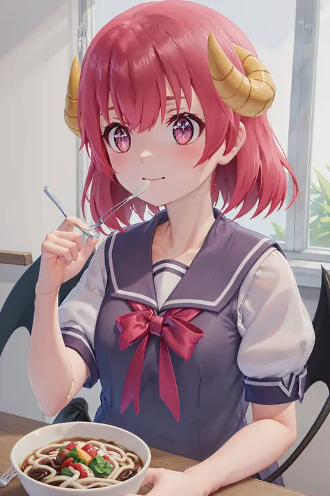 absurdres, high detail, uhd, school, cafeteria, upper body,
sitting, eating udon, holding fork, sparkling eyes, closed mouth, sideways mouth,
solo, kurona, demon girl, demon horns, demon wings, demon tail,  schoolcos, sailor collar, blue vest, white shirt,...