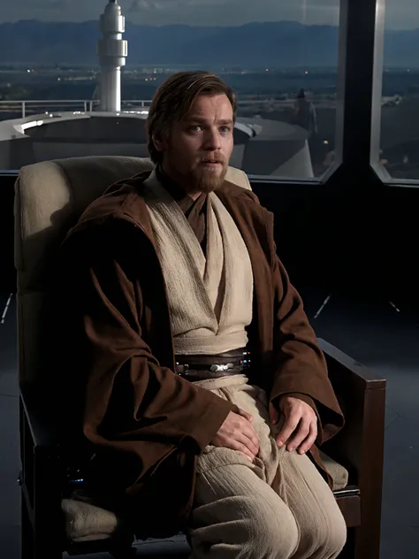 obw man wearing j3di outfit and j3di robe,at day,sitting on a chair in a star wars park,volumetric lighting,natural lighting