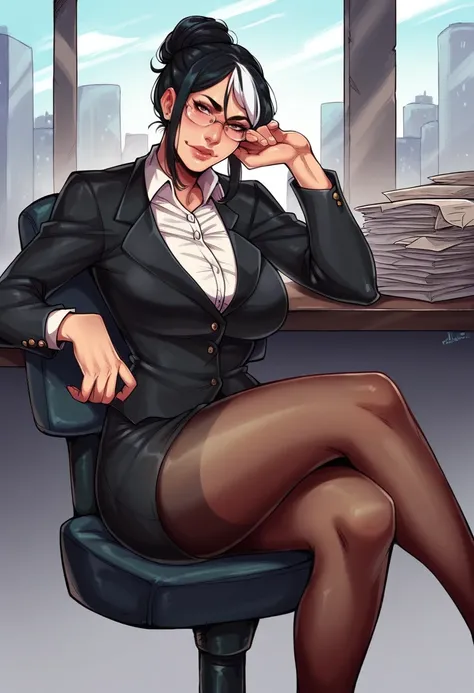 score_9, score_8_up, score_7_up, score_6_up, score_5_up, score_4_up, mature businesswoman in office looking at viewer, black suit jacket, white collared shirt, black hair bun, white streak in hair, black pencil dress, pantyhose, glasses, chair, desk, paper...