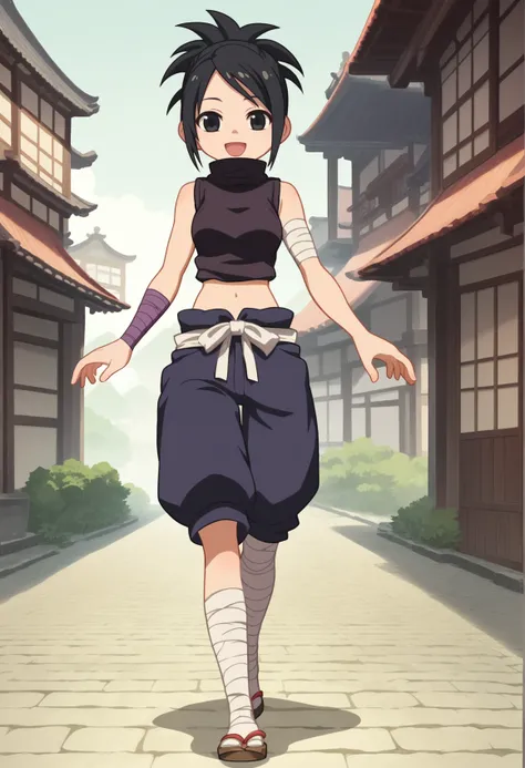 (chibi), anime screencap, smile, open mouth, 1girl, solo, medium hair, black hair, black eyes, ponytail, ayame2, ninja, japanese clothes, turtleneck, navel, bare shoulders, single wristband, pants, legwear bandages, walking, japanese, medieval, town <lora:...