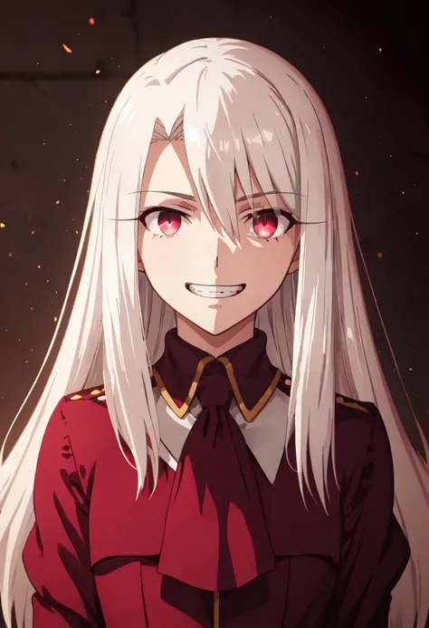 best quality, masterpiece, highres, solo, (illyasviel_von_einzbern_fatestaynightufotable:1.10), evil grin, evil smile, grin, portrait, looking at viewer, anime_style, 33 <lora:illyasviel_von_einzbern_fatestaynightufotable:0.80>