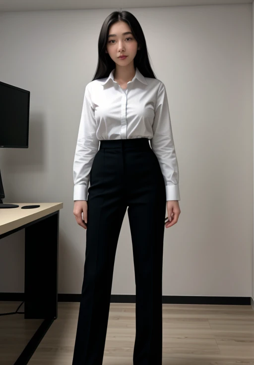 full body shot of business photo of alicemoon,<lora:alicemoon:1>,pants,black attire,big breasts,collared shirt,tucked shirt,. Professional attire, workplace setting, confident. Whole outfit, clear, sharp, balanced