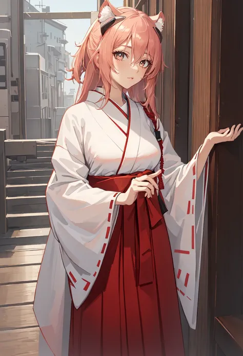 best quality, masterpiece, highres, solo, (gravel_arknights:1.10), (white kimono:1.35), (red hakama:1.35), (wide sleeves:1.20), 24 <lora:gravel_arknights:0.80>