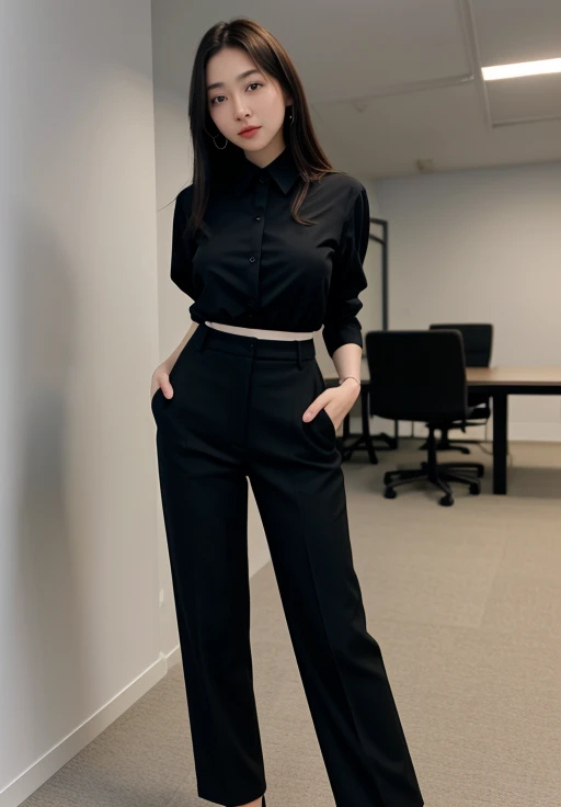 full body shot of business photo of alicemoon,<lora:alicemoon:1>,pants,black attire,big breasts,collared shirt,tucked shirt,. Professional attire, workplace setting, confident. Whole outfit, clear, sharp, balanced