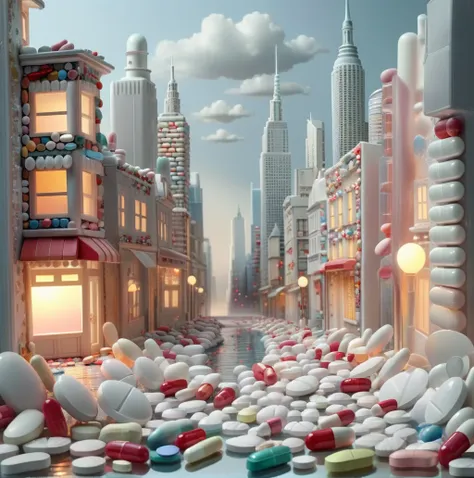 big city with pills, beautiful lighting and framing, a very detailed masterpiece, 3d <lora:pills:1.2>