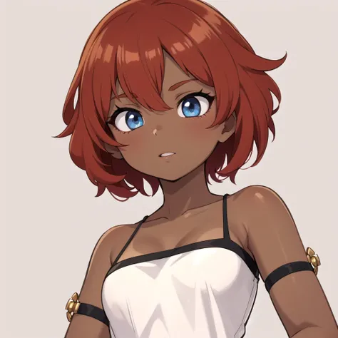 2k, 1girl, white dress, short hair, very short hair, dark-skinned female, tomboy, tan, simple background,  red hair, blue eyes,