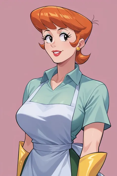 score_9, score_8_up, score_7_up, BREAK, 1girl, solo, breasts,  <lora:dextersmom-guy-PONYv1:1>, dextersmom, makeup, jewelry, gloves, shirt, apron, upper body, portrait, mature female, simple background,