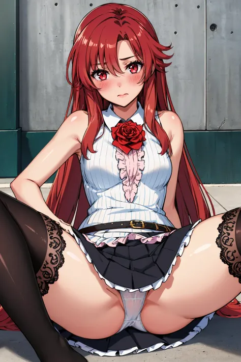 masterpiece, best quality, 1girl,  <lora:lisara-nvwls-v1-000009:0.8> lisara restall, sleeveless shirt, frills, rose, belt, black miniskirt, black thighhighs, lace trim, sitting, on ground, spread legs, white panties, blush, wavy mouth, looking at viewer