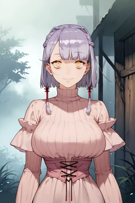 score_9, score_8_up, score_7_up, 1girl, ohikaenasutte, squinting eyes smile, light purple hair, heavy fringe, french braid, golden eyes, large breasts, pink clothes, foggy atmosphere, outdoors <lora:noco_(adamas)_PonyXL_style_v02:1>