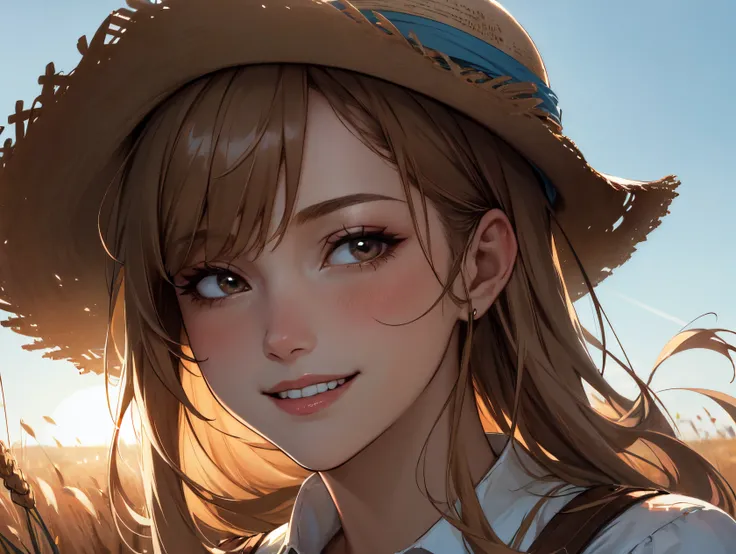 1boy, brown hair, long hair, blond hair, bleached hair, straw hat, wheat field, smiling, sun, day, blue sky, (Masterpiece:1.2), dynamic angle, dynamic pose, (detailed face:1.2), best quality, absurdres. (illustration:1.2),(shiny skin:1.2), (tone mapped), (...