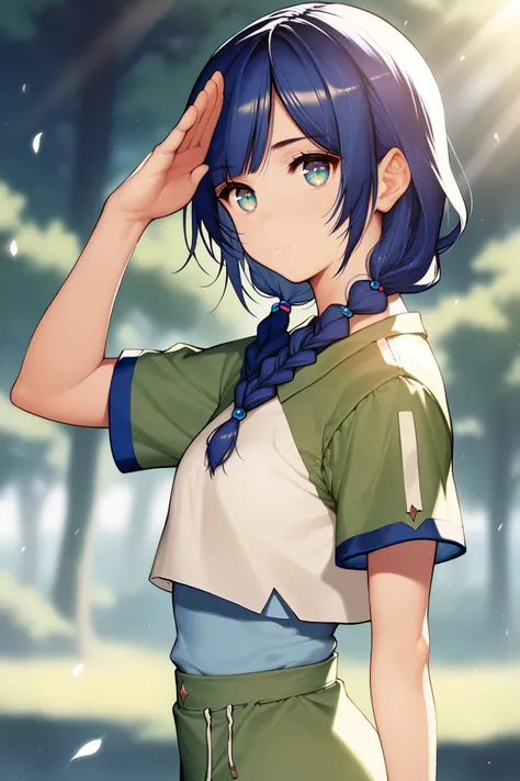 score_9, score_8_up, score_7_up, 1girl, looking at viewer, salute, :>, dark blue hair, side-swept fringe, low twin braids, detailed eyes, flat chest, light green clothes, god rays, outdoors, from side <lora:necomi_PonyXL_style_v02:1>