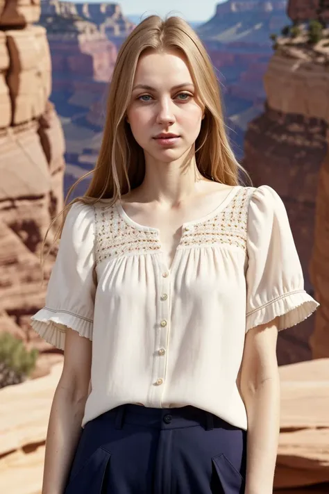 European woman, closeup, sandals, (shirt), pants, (grand canyon), (ZM_aurora: 1.1), wide shoulders, perfect face, (contact iris: 1.1), pale skin, skin pores , depth of field