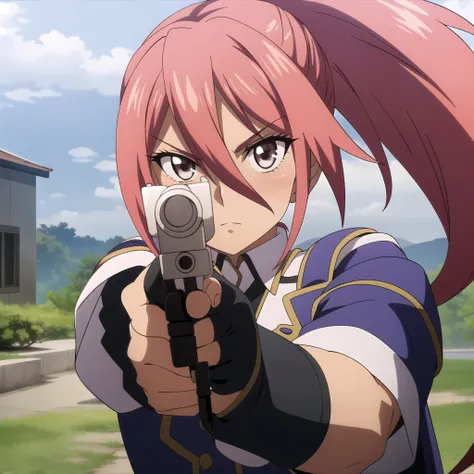 <lora:La:0.7> la, 1girl, solo, long hair, gloves, holding, weapon, fingerless gloves, gun, handgun, aiming at viewer, ponytail