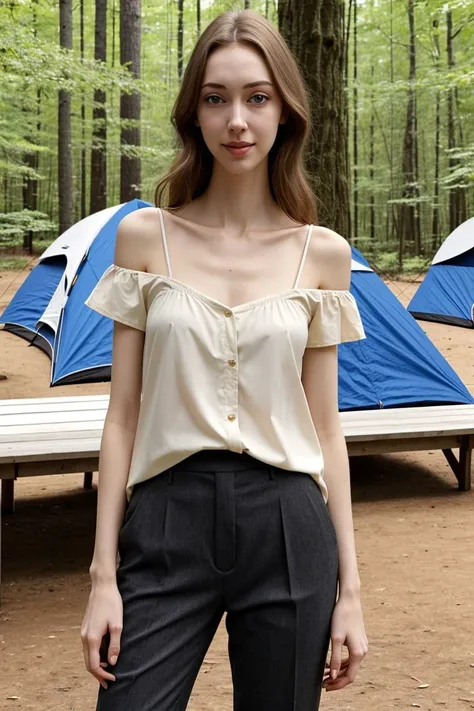 European woman, full_body , sandals, (shirt), pants, (koa campground), ZM_konstandina, wide shoulders, perfect face, (contact iris: 1.1), pale skin, skin pores , depth of field