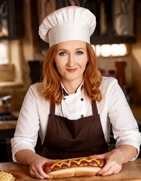 cinematic film still JK Rowling as a chef cutting a giant hot dog in half with a butcher knife <lora:JK Rowling:1.0> . shallow depth of field, vignette, highly detailed, high budget, bokeh, cinemascope, moody, epic, gorgeous, film grain, grainy