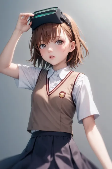 masterpiece, best quality, <lora:misakaimouto:1>,misaka imouto, 
1girl,solo,head-mounted display, brown hair, short hair,brown eyes,tokiwadai school uniform, vest,white shirt,blue skirt,
grey background, cowboy shot, expressionless,