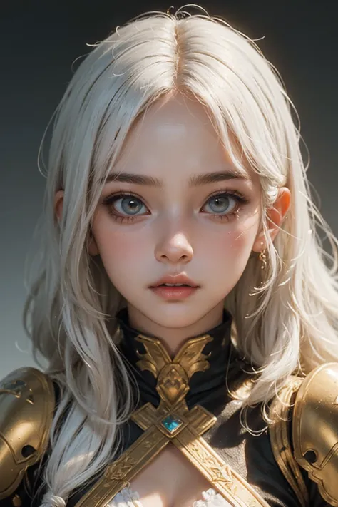 masterpiece, best quality, ultra-detailed, straight on, young girl, sexy attire, white hair, golden eyes, long hair, serene expression, looking at viewer, Cute and adorable fantasy, dreamlike, surrealism, super cute, great face expression, dynamic pose,