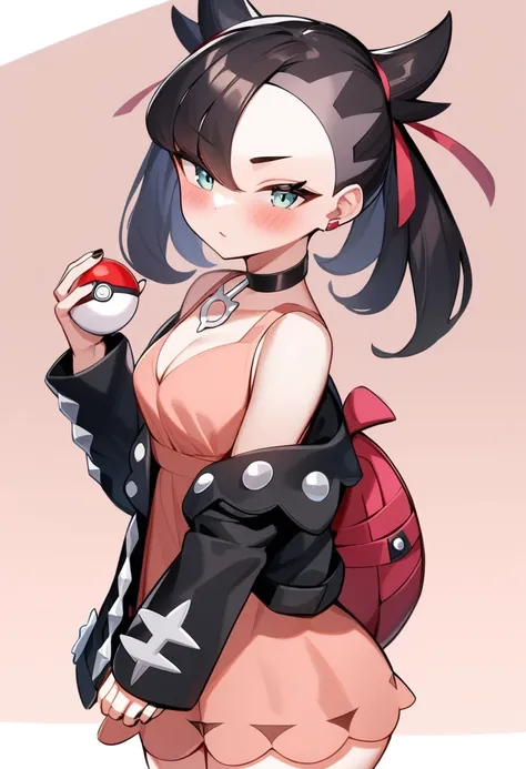 masterpiece,best quality,very aesthetic,absurdres,<lora:marnie_(pokemon):1>,black_choker, commentary, small_breasts, open_clothes, blush, simple_background, thighs, 1girl, solo, cleavage, black_nails, pink_bag, red_ribbon, revision, marnie_(pokemon), backp...